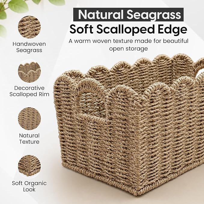 ByteX Scalloped Basket Set (2 Large Baskets) Seagrass Wicker Storage Baskets for Nursery & Kids Books | Decorative Scalloped Edge Rattan Style Book Basket for Toys, Shelves & Decor - Image 3