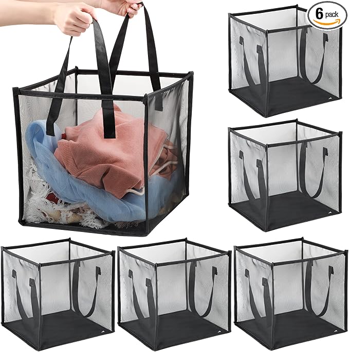 Zopeal 6 Pack Collapsible Mesh Laundry Basket, Black, Single-layer | 13 Inch Square with Handles, Portable Foldable Hamper, Mesh See-through, Space Saving for Dorm Bedroom Laundry Room by Zopeal
