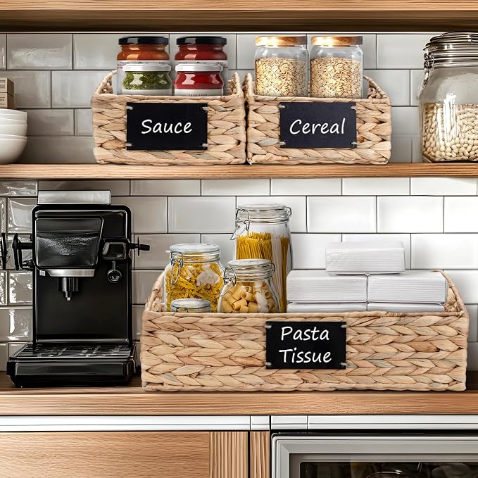 Hand-Woven Pantry Baskets for Organizing, Large Wicker Storage Baskets for Shelves with Labels, 2 Chalk Markers & Handles, 3 Pack Hyacinth Storage Bins for Pantry Kitchen Laundry Shelf - Image 2