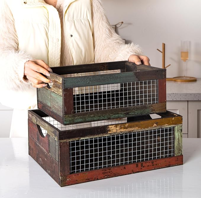TIMRIS Set of 3 Rustic Wood Nesting Crates, Farmhouse Distressed Wooden Storage Boxes, Decorative Reclaimed Wood Organizer Baskets with Wire Mesh (Random) - Image 4