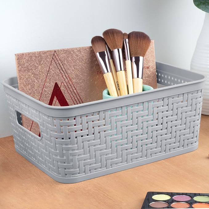Sterilite 8 Pack Plastic Storage Bin Organization Containers, Small Baskets, Cement - Image 4