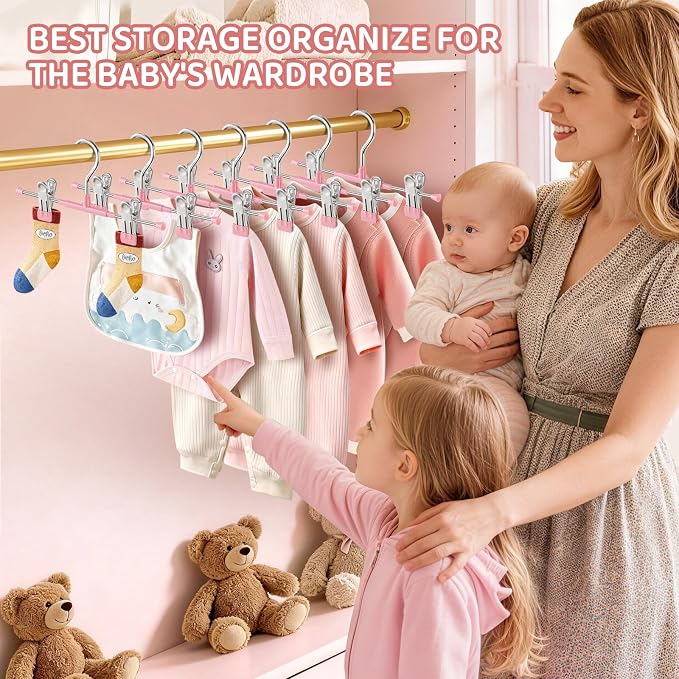 HUADYMEET 10 Inch Kids Pants Skirt Hangers with Clips,Toddlers,Pink,30 Pack | Space Saving,Adjustable,Non Slip,Metal Hanger for Closet Organization Jeans Shorts,For Baby,Toddler,Children - Image 6
