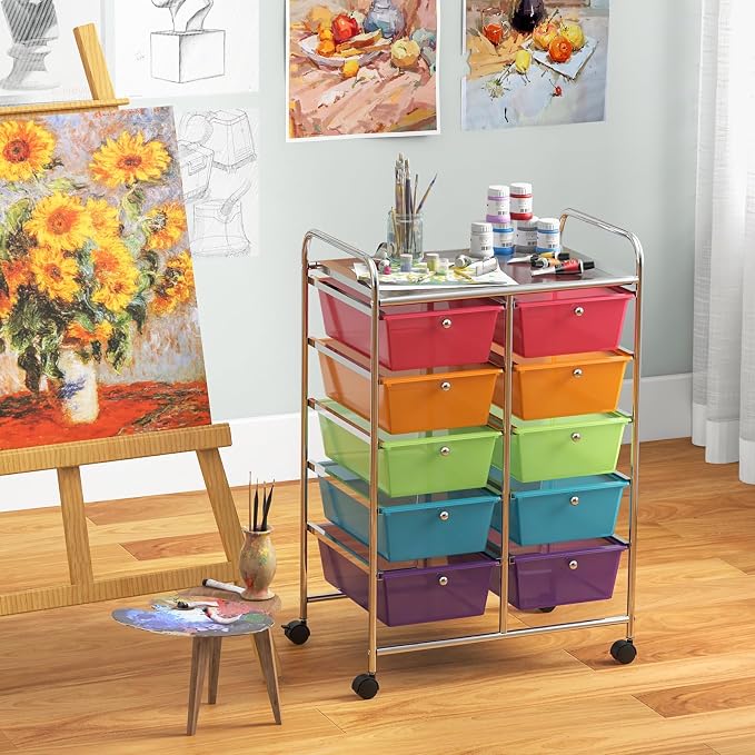 RELAX4LIFE Rolling Storage Cart with 10 Drawers - Craft Storage Cart with Lockable Wheels,Utility Cart, Art Cart Organizer for Crafting Storage, Studio, Office, School Rolling Drawer Cart (Rainbow) - Image 9