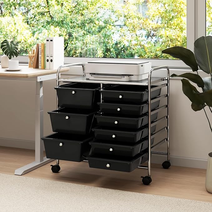RELAX4LIFE 9 Drawer Rolling Storage Cart - Mobile Drawer Carts for Craft Art Supply Paper Salon, Utility Cart on Wheels for Classroom Teacher School Office, Rolling Cart with Drawers (Black) - Image 8