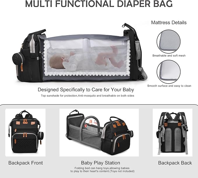 Diaper Bag Backpack with Changing Station, Waterproof for Travel, Black - Image 2