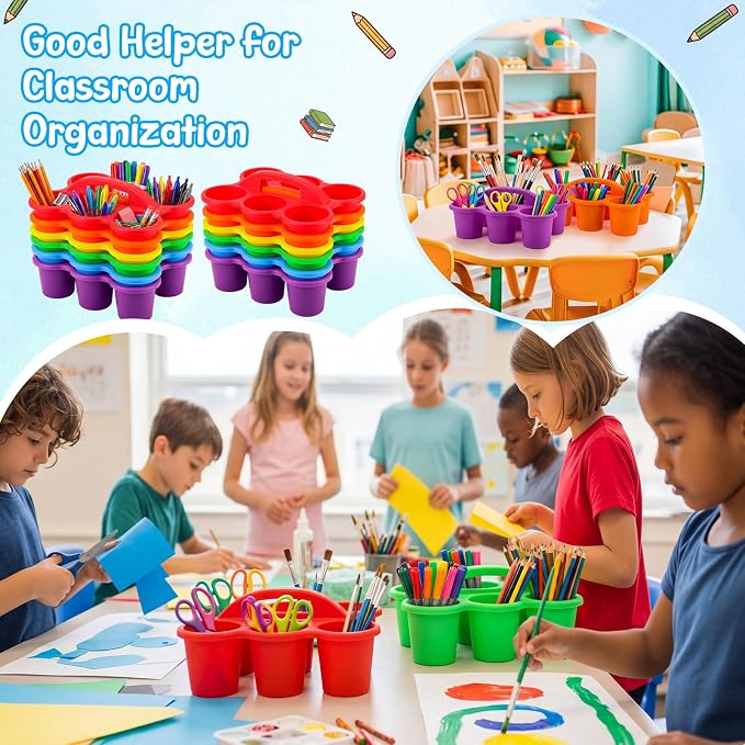 Novabright 12 Pack Classroom Caddy, Stackable Plastic Caddy Storage Basket with Handle for Kids, Table Desk Office Arts, Crafts, Crayon, Marker, Pencil, School Supplies (Assorted Colors) - Image 2