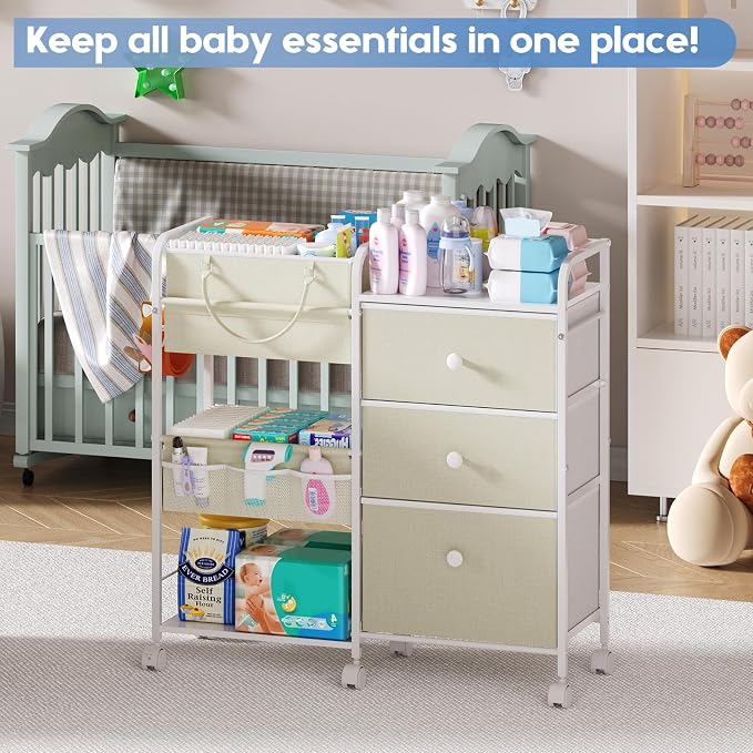 Cidaziya 2In1 Baby Diaper Caddy Organizers and Storage, 3 Tier Rolling Cart with Dividers and Drawers, Mobile Utility Cart Baby Dresser Clothes Organizer for Changing Table, Crib Nursery, Bedroom - Image 4