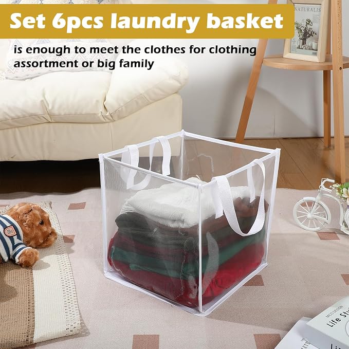 Zopeal 6 Pack Collapsible Mesh Laundry Basket, White, Single-layer | 13 Inch Square with Handles, Portable Foldable Hamper, Mesh See-through, Space Saving for Dorm Bedroom Laundry Room - Image 5