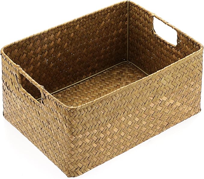 Hipiwe Seagrass Storage Basket Bin Rectangular Handwoven Wicker Storage Box with Handle Opened Baskets Box for Shelf Organizing Closet Bathroom, Caramel, Medium by Hipiwe