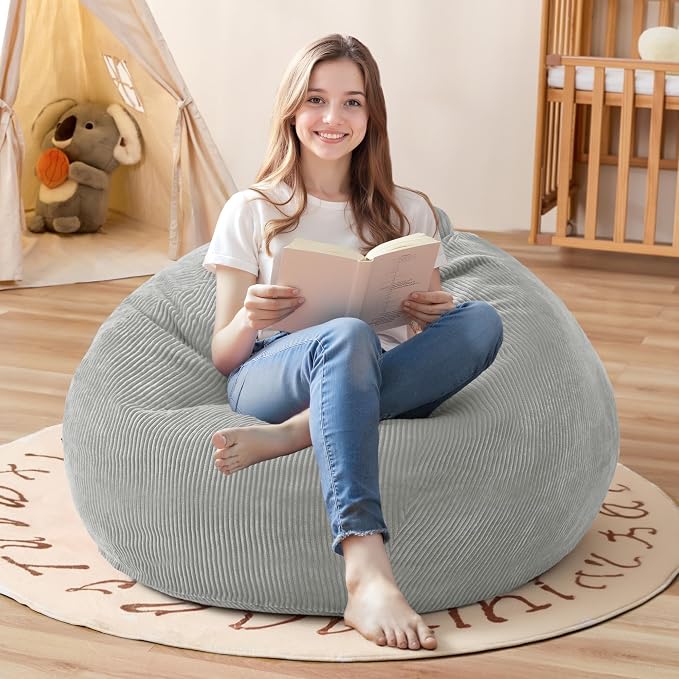 2.5FT Bean Bag Chair,Teardrop Bean Bags with Memory Foam Filled | Beanbag Chairs with Handle,Teardrop Bean Bag Sofa with Corduroy Machine Washable Cover for Living Room,Bedroom-Light Grey by Cansunna