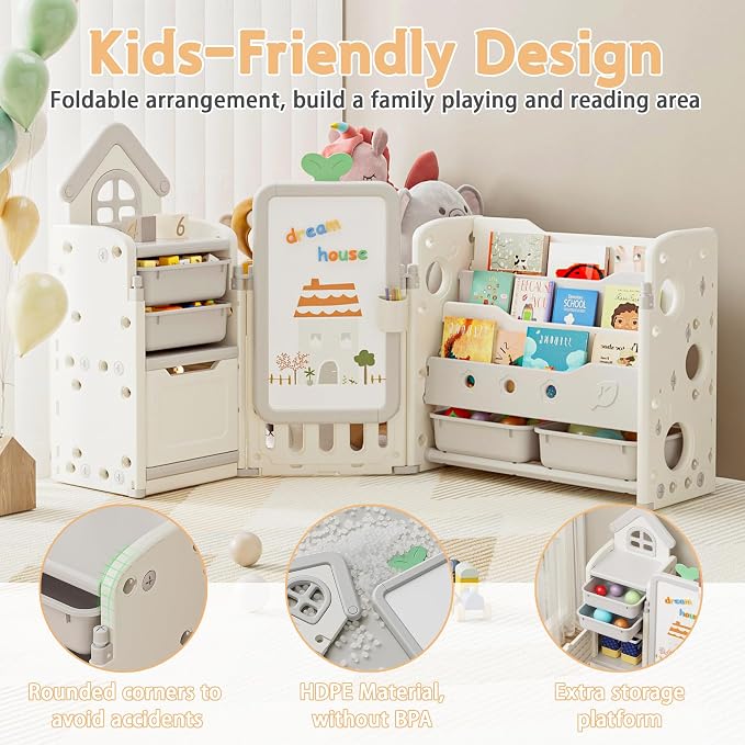 Kids Toy Storage Organizer with 10 Removable Bins, Foldable Toy Organizers and Storage with 3-Tier Bookshelf for Kids Toy Storage Organizer with Drawing Board, Extra 3 Brushes (3 In 1 Off-white) - Image 3