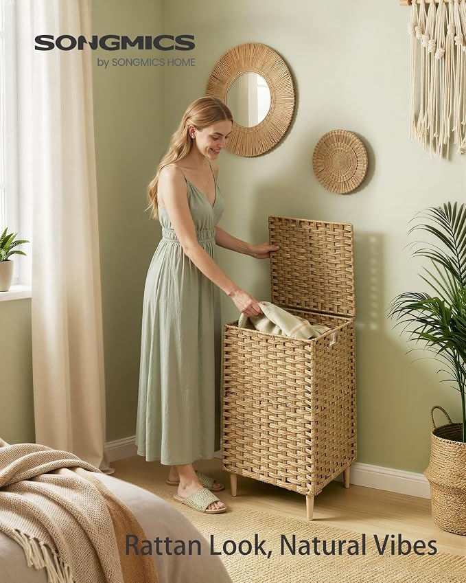 SONGMICS Laundry Hamper with Lid, 25 Gal (95L) PE Rattan Laundry Basket with Removable Washable Liners, for Bedroom & Living Room, Goose Yellow ULCB221YE01 - Image 2