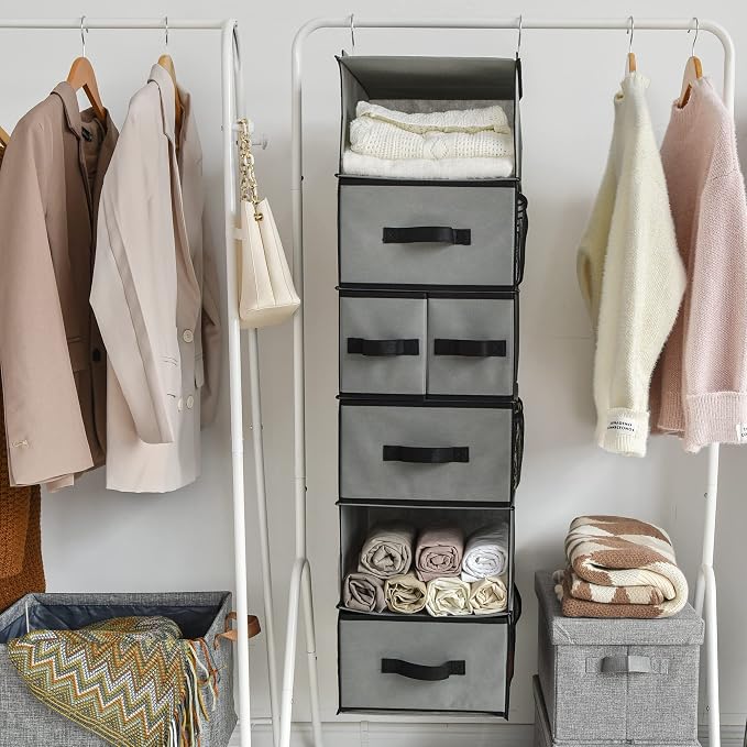 GRANNY SAYS Hanging Closet Organizer, 5 Drawers, 6 Shelves, 6 Pockets, Gray | Hanging Closet Organizer with 5 Different Drawer Designs, 6 Shelves & Reinforced Structure for Organized Small Spaces - Image 8