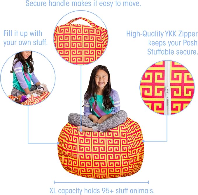 Posh Stuffable Kids Stuffed Animal Storage Bean Bag Chair Cover - Childrens Toy Organizer, Large 38" - Pattern Scrolls Red and Yellow - Image 2