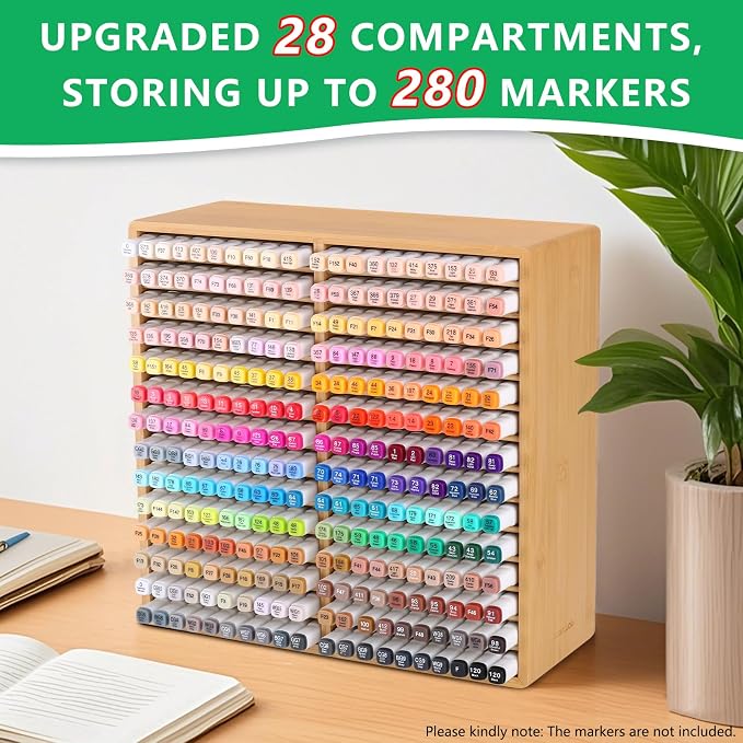 Bamboo Marker Organizer Markers 280pcs Markers Pen Holder Art Supply Pencil Storage Organizer with 28 Compartments All-in-One Marker Storage for Office Home (Holds up to 280pcs Markers) - Image 2