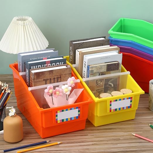 6 Pack Picture Book Bins with Dividers Plastic Book Holders with Labels Stackable Classroom Organization Bins Magazine File Binder Holder Storage Container for Classroom Library Home Office(Colorful) - Image 4