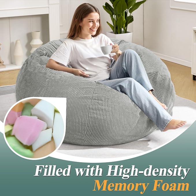 4FT Bean Bag Chair for Adults,Large Teardrop Beanbag with Filler | Beanbag Chair with Memory Foam Filled,Bean Bags with Handy Handle&Machine Washable Cover for Living Room,Bedroom-Light Grey - Image 4