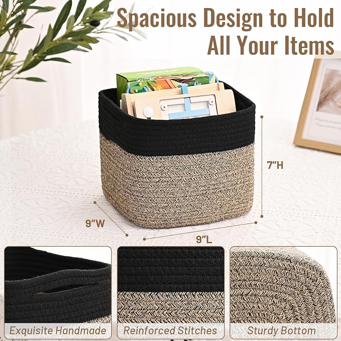 3 Pack Cube Storage Bin, 9”x9”x7” Cotton Rope Woven Baskets for Organizing Toys Clothes Towels, Square Gift Storage Baskets for Shelves, Nursery, Closet, Bathroom, Pantry (Black & Brown) - Image 4