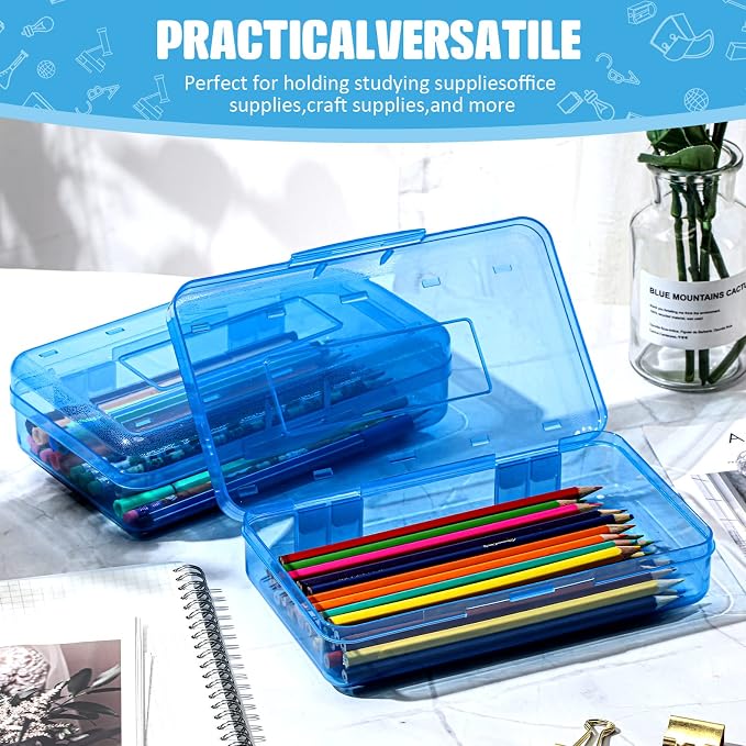 Fainne 24 Pack Clear Plastic Pencil Box,Blue | Stackable Organizer for School Supplies, Large Case for Crayons Markers, Snap-lid Keeps Stationery Secure, Bulk Set - Image 3