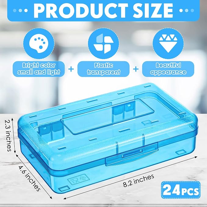 Fainne 24 Pack Clear Plastic Pencil Box,Blue, Purple | Stackable Organizer for School Supplies, Large Case for Crayons Markers, Snap-lid Keeps Stationery Secure, Bulk Set - Image 2