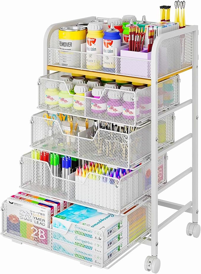 5-Tier Craft Organizer Cart with 5 Sets of DIY Dividers,Craft Organizers and Storage with Drawers,Lockable Wheels Rolling Utility Cart on Wheels,Art Supply Organizer,Ideal for Studio,Office,White by FollowWithYociyogaTogether
