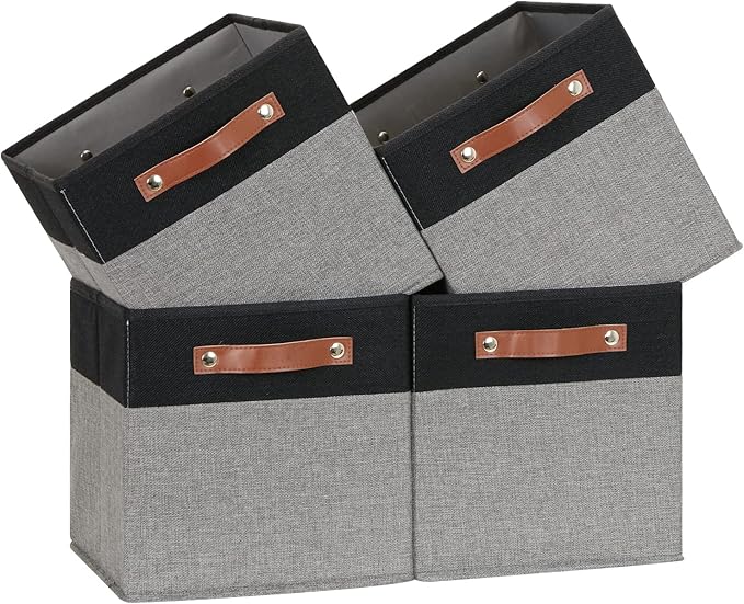 Temary 11 x 11 Cube Storage Bins Fabric Storage Cubes for Shelf, Closet, 4 Pack Cube Basket for Clothes, Storage Cube Bins with Leather Handles(Black&Grey) by TEMARY