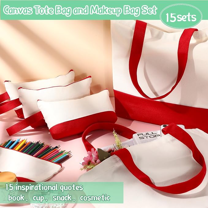 Sanwuta 30 Pcs Canvas Tote Bags Bulk with Zipper Cosmetic Pouch,Red | 18.5" Reusable Cotton Shopping Bag with Handle for DIY Craft - Image 6