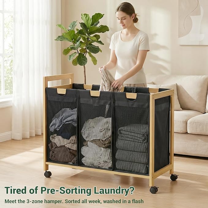 250L Laundry Sorter Cart with Wheels, 3-Section Rolling Laundry Basket with Removable Bags, 66 Gal Large Laundry Hamper Organizer, Heavy Duty Bamboo Frame, Water-Resistant, Black - Image 4