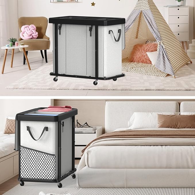 Laundry Basket with Wheels, 230L(60Gal) Laundry Sorter 3 Section - Beige | Leather Patchwork Laundry Hamper, Sturdy Metal Frame, Removable Washable Bag, Tall Clothes Sorter for Bedroom - Image 7