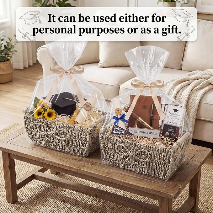 Colingmill 4 Pack Bow Large Storage Baskets with Wooden Handles Decorative Baskets for Gifts Empty Wicker for Shelf 12''l x 8''w x 4.8''h Hand-woven Round Paper Rope Containers - Image 5