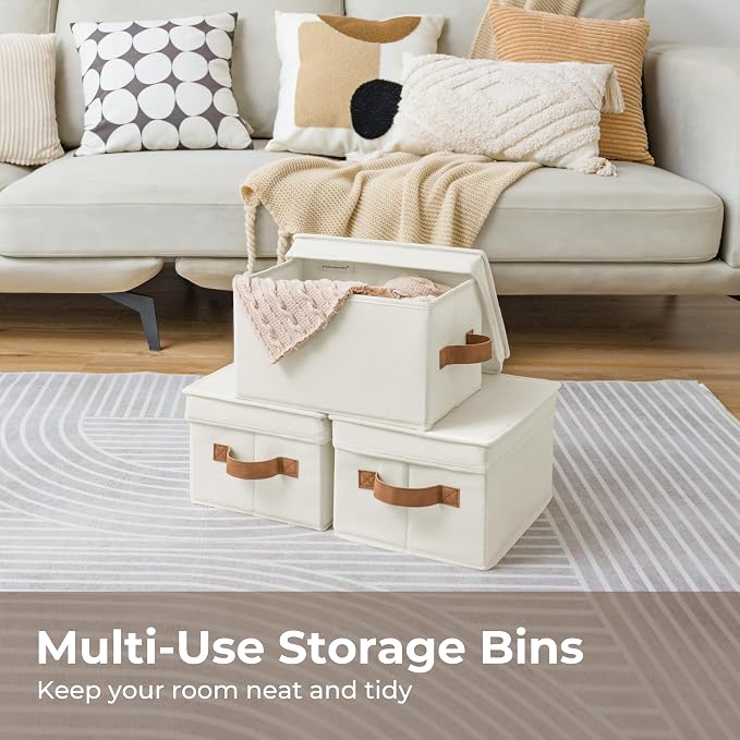 StorageWorks Fabric Storage Bins with Lids, Closet Storage Bins | Lidded Dust-proof, Easy Pull Handles, Foldable, Stackable, Ideal for Clothes Blanket Towel, Medium, Ivory, 3-Pack - Image 8