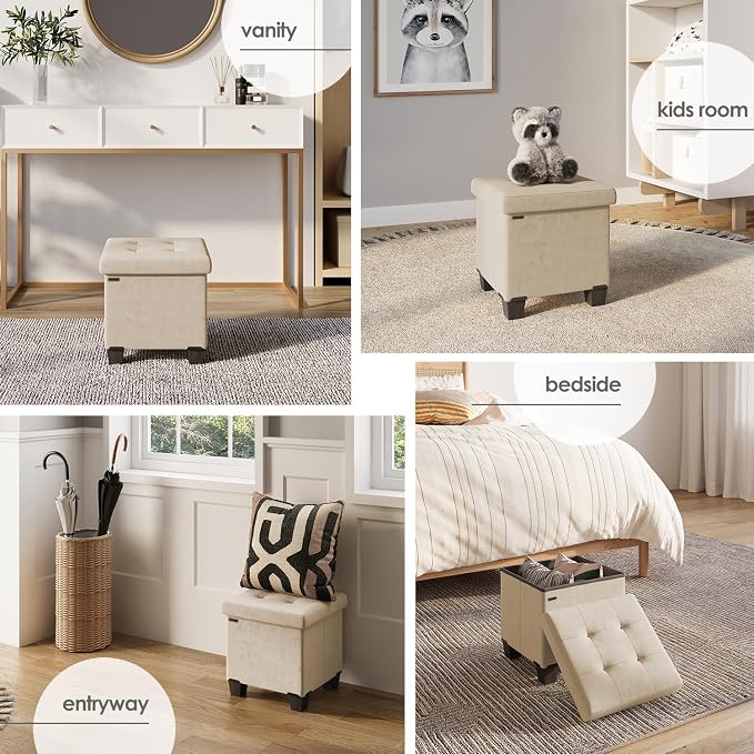Storage Ottoman Cube with Small Bin, 15-in Square Ottoman with Storage for Living Room and Bedroom, Small Ottomans Foot Rest, Velvet Foot Stools Ottomans Max 330lbs, Beige - Image 4