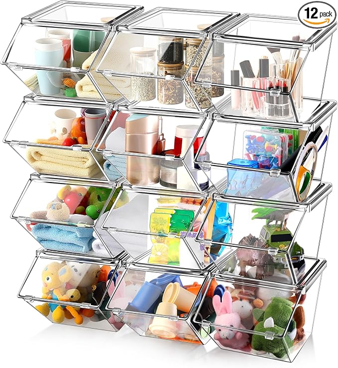 Yerliker 12 Pcs Clear Plastic Storage Bins with Lids Large Stackable Pantry Storage Organizer Bins Kitchen Organization Cabinet Organizers Ideal Containers for Fridge, Kitchen, Cabinets (Clear) by Yerliker