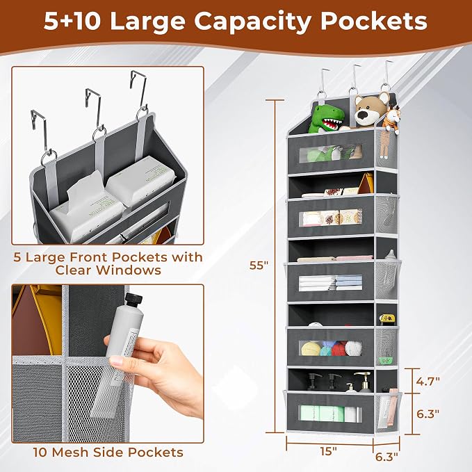2 Pack 5 Tier Over The Door Organizer Space-Saving Storage for Any Room | Grey Hanging Closet Organizer with 10 Mesh Pockets and Clear Windows, Closet Organizers and Storage for Bathroom, Bedroom - Image 2