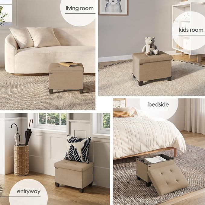 Storage Ottoman Cube with Small Bin, 16-in Square Ottoman with Storage for Living Room and Bedroom, Small Ottomans Foot Rest, Fabric Foot Stools Ottomans Max 330lbs, Taupe - Image 4