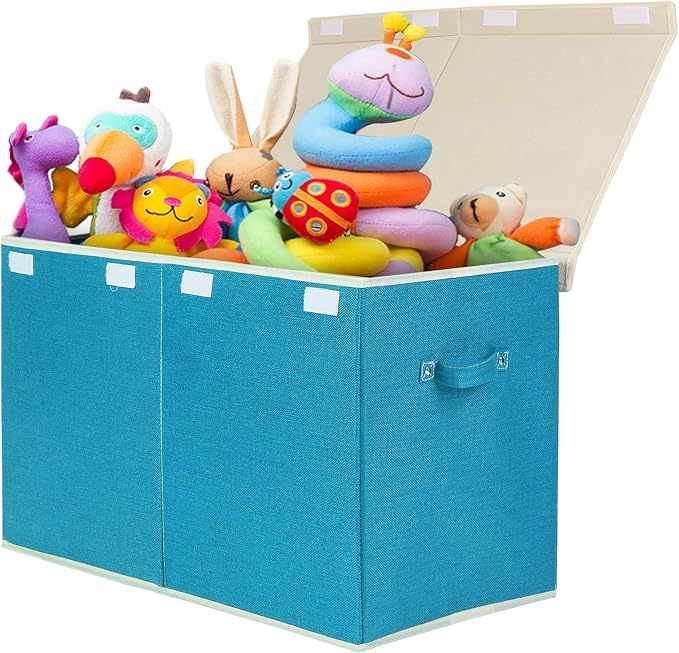 Large Toy Box Chest Storage with Flip-Top Lid, Kids Toy Storage Bin Boxes | Toy Chest with Rivets Handles for Kids, Boys, Girls, Nursery, Playroom, Living Room, Bedroom, 25"x 13" x 16" (Linen Teal) by popoly