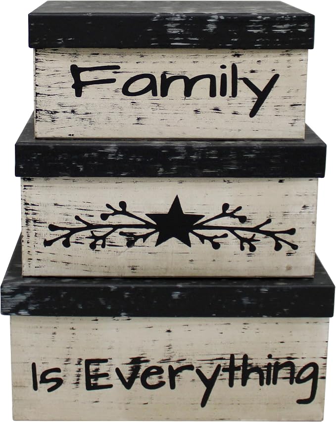 Primitive Vintage Rectangular “Family is Everything” Cardboard Nesting Boxes, Large 12 X 9 X 5-1/2 Inch. Set of 3. - Image 2