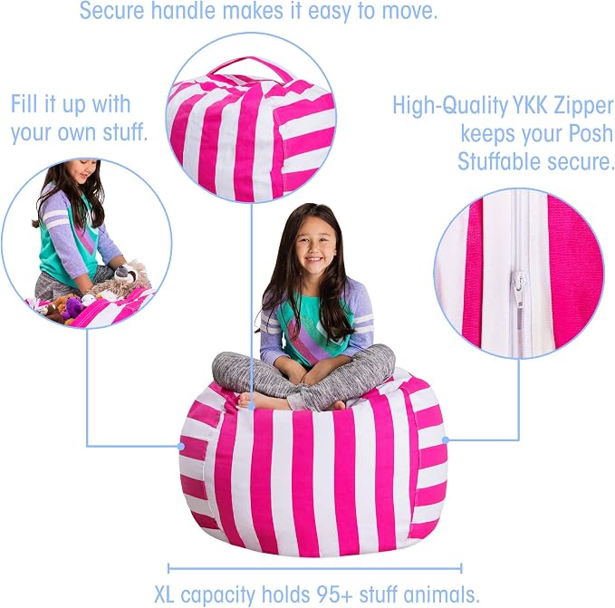 Posh Stuffable Kids Stuffed Animal Storage Bean Bag Chair Cover - Childrens Toy Organizer, Large 38" - Canvas Stripes Pink and White - Image 2