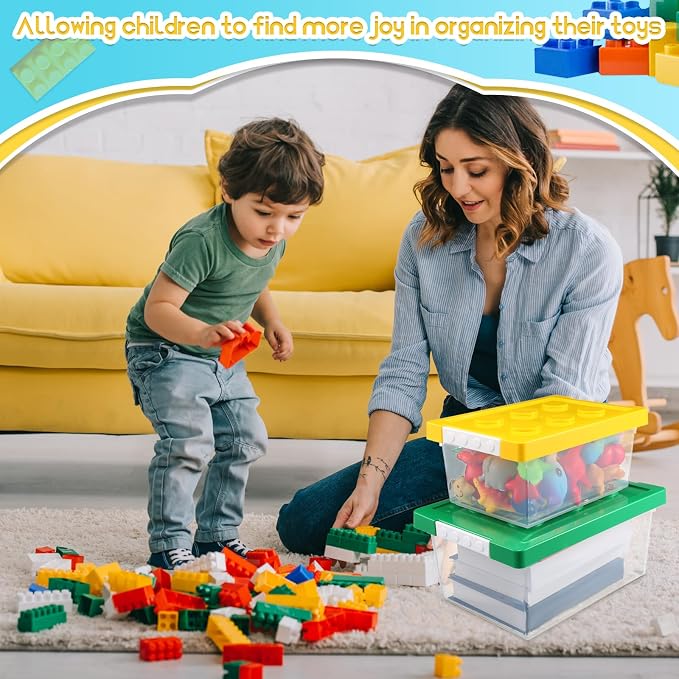 4 Pack Toy Storage Containers with Lids Brick Shaped Kids Toy Organizer Box Plastic Clear Stackable Bin Chest for Building Block Dolls(Large, X-Large,Red, Yellow, Blue, Green) - Image 6