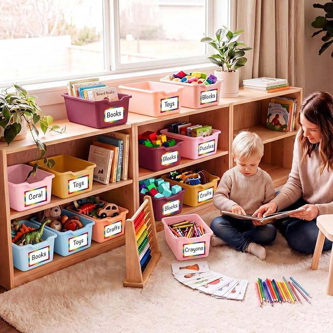 Funrous 48 Pack Plastic Cubby Bins for Classroom, Stackable Storage Bins with Rainbow Labels and Handles Cubby Organizer Containers for Teacher Supplies Home Office Daycare and Playroom (Orange) - Image 6