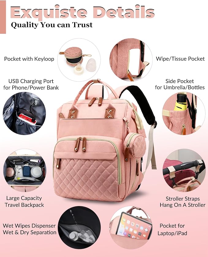 Diaper Bag with Changing Station, Waterproof 3 in 1 Diaper Backpack with Foldable Changing Pad, Large Travel Backpack for Mom & Dad, Baby Gift for Girl & Boy,Pink - Image 3