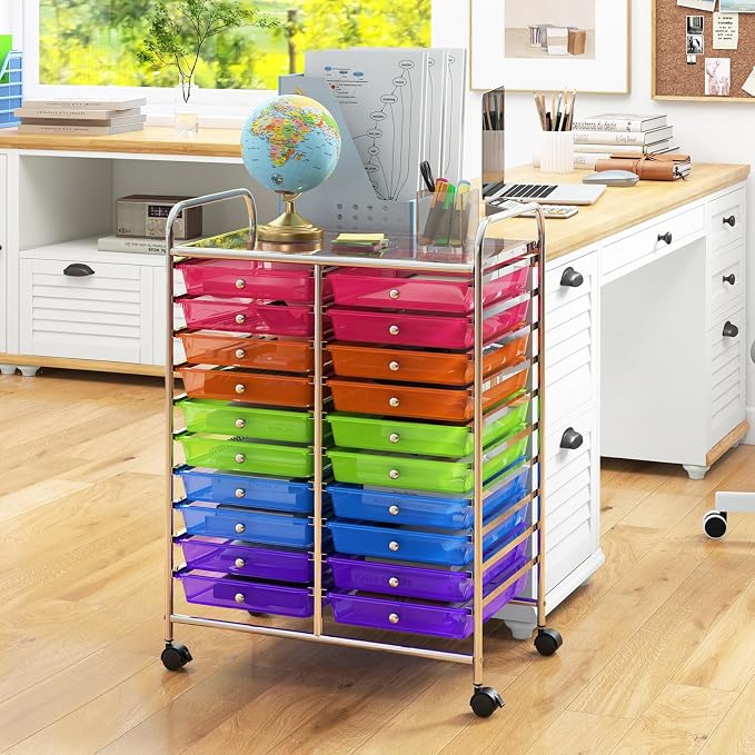 RELAX4LIFE 20 Drawer Rolling Storage Cart, Mobile Rolling Cart w/Drawers for School Classroom Teacher Office Home Salon, Paper File Art Supply Craft Organizer, Utility Cart on Wheels (Rainbow) - Image 2