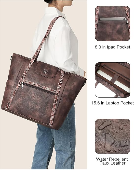 Large Laptop Tote Bag for Women Designer Leather Laptop Bag, 15.6in | Fashion Travel Backpack Purse Shoulder Handbag Fits 15.6 Laptop, Daily, Work, Business Trip, Weekend Travel, Teacher - Image 5