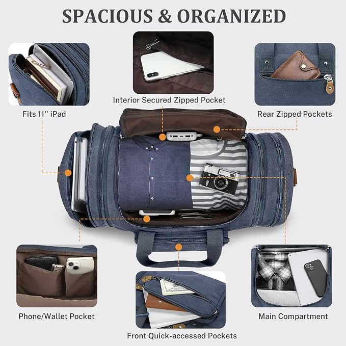 Gonex Canvas Duffle Bag, Expandable 50L Travel Overnight Weekender Bag | for Men, Multiple Pockets, Carry-On Size, Durable Zippers, Detachable Strap, Denim Blue - Image 5