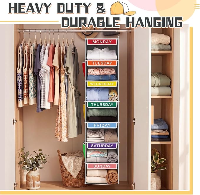 2 Pcs 7 Shelf Weekly Clothes Organizer for Kids Hanging Closet Organizer 11. 8 x 11. 8 x 50 Inch Daily Activity Kids Clothes Storage Drawers Cube Drawers Closet Hanging Shelves (Grey) - Image 6