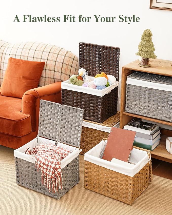 SETVSON Storage Basket with Lid, 9.2 Gal PE Rattan Trunk, Gray | Decorative PE Rattan Furniture Look for Bedroom, 2 Separate Lids, 2 Liners with Divider for Apparel & Essentials - Image 8