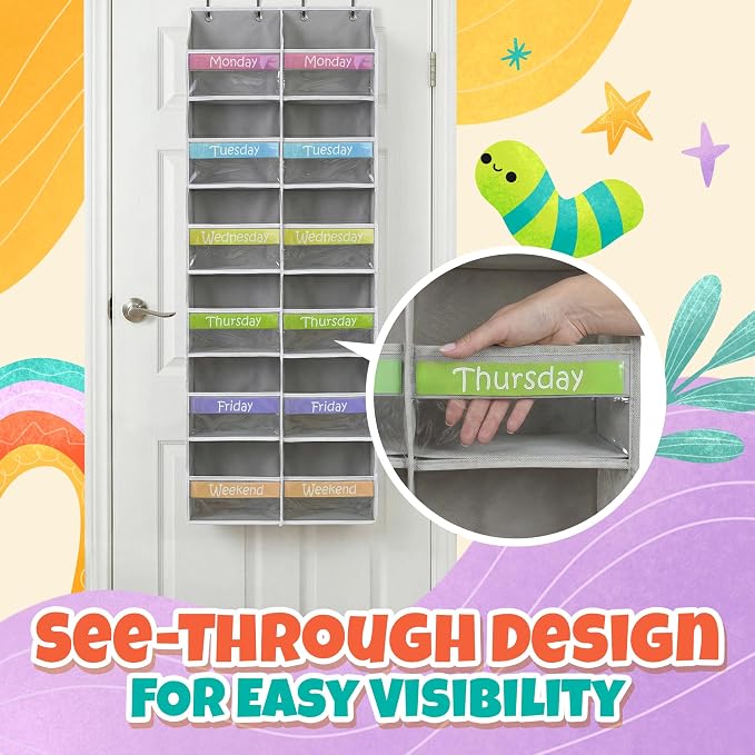 Weekly Clothes Organizer for Kids Closet Daily Outfit Storage 12 Shelf | Houseables Days of the Week Clothes Organizer, Monday through Friday Clothing, Weekday, M-F, School, Hanging, Over Door - Image 5
