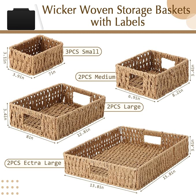 Marsui 9 Pcs Paper Rope Storage Baskets with Handle Labels Handwoven Multi-size Primary Color Storage Bins for Organizing Small Baskets Container for Shelves Closet Pantry Toilet - Image 2