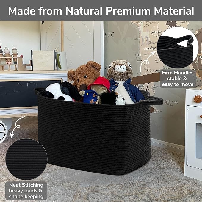 Goodpick 85L Large Woven Rope Blanket Basket, Rectangle, Black | 23.6'' x 15.7'' x 13.8'' Storage Basket for Blankets, Pillows & Toys, Living Room & Bedroom Organization, Reinforced Handles - Image 6