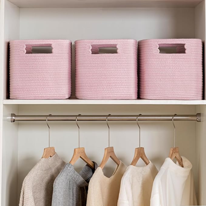 4 Pack Storage Baskets for Organizing, Shelf Baskets with Handles, Pink | 14.5"Lx9.8"Wx9"H, Woven Basket, Cotton Rope Basket, Toy Storage, Cube Shelf, Gift Baskets Empty, Home Decor - Image 4